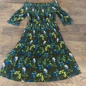 Whistles green floral off shoulder pleated midi dress
